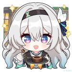  1girl :d black_hairband black_jacket blue_eyes blue_hair blue_pupils blue_ribbon bow chibi collared_shirt dot_nose firefly_(honkai:_star_rail) food gradient_hair grey_hair hair_bow hair_intakes hair_ribbon hairband holding holding_plate honkai:_star_rail honkai_(series) jacket jiu_fanglianhua looking_at_viewer multicolored_hair neckerchief open_mouth orange_neckerchief pastry plate purple_eyes ribbon shirt smile solo straight-on twitter_username two-tone_eyes white_bow white_shirt 