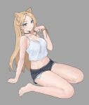  1girl animal_ears bare_arms bare_legs barefoot black_shorts blonde_hair blue_eyes bracelet breasts camisole cat_ears cleavage commentary crop_top grey_background hand_up highres jewelry long_hair looking_at_viewer medium_breasts midriff navel original short_shorts shorts simple_background sitting siun smile solo spaghetti_strap stomach thighs very_long_hair wariza 