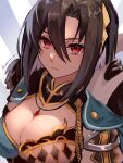  1girl asymmetrical_bangs asymmetrical_clothes black_hair breasts cleavage cleavage_cutout closed_mouth clothing_cutout desupisaro_122 expressionless fire_emblem fire_emblem_engage fur_trim hair_between_eyes hair_ornament highres jewelry large_breasts looking_at_viewer necklace nel_(fire_emblem) parted_bangs red_eyes short_hair 