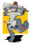 abs anthro aquila_(imoyasu_muteki) big_feet blue_body blue_fur bodily_fluids canid canine canis cheek_tuft circumcised cum erection facial_tuft feet fluffy fluffy_tail fur genital_fluids genitals hi_res male mammal melee_weapon milkytiger1145 muscular nipples pawpads paws penetration penis pink_nipples pubes solo solo_focus standing sword tail tuft urethral urethral_penetration weapon white_body white_fur wolf