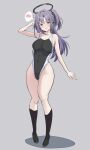  1girl absurdres bare_arms bare_shoulders black_footwear black_one-piece_swimsuit black_socks blue_archive blush breasts competition_swimsuit full_body grey_background halo highres large_breasts long_hair looking_at_viewer mechanical_halo metsu_end one-piece_swimsuit open_mouth purple_eyes purple_hair shoes simple_background socks solo spoken_blush swimsuit two_side_up yuuka_(blue_archive) 