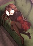  aozaki_aoko blue_eyes brown_hair couch dress kyouno_(61238344) long_hair lying mahou_tsukai_no_yoru no_shoes pantyhose solo 