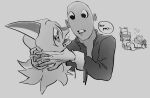 2024 anthro bald baryonyx black_and_white bodily_fluids cavemanon_studios clothing dinosaur female foaming_at_mouth group hadrosaurid hair hi_res human i_wani_hug_that_gator inco_(iwhtg) jacket long_hair lying male mammal mia_(iwhtg) monochrome olivia_halford on_ground open_mouth ornithischian parasaurolophus reptile scalie sketch snout spinosaurid strangling tears theropod topwear trio unknown_artist wheelchair