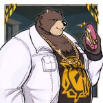  1boy animal_ears bara bear_boy bear_ears ben_bigger caution_tape chain_necklace fat furry furry_male glint highres holding jacket jewelry large_pectorals looking_at_viewer male_focus necklace open_clothes open_jacket pectorals scar scar_across_eye short_hair smile solo starbuchi thick_arms upper_body zenless_zone_zero 