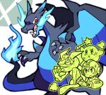  1boy :o android arm_cannon blue_fire burning character_request charizard check_character claws closed_eyes cropped_torso dragon_wings fire greninja helmet holding holding_wand kirby kirby_(series) long_tongue mega_charizard_x mega_man_(character) mega_man_(series) open_mouth pokemon pokemon_(creature) red_eyes sharp_teeth shoes simple_background smash_ball star_rod super_smash_bros. sweat teeth teijiro tongue wand weapon white_background wings 