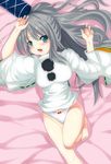  barefoot blue_eyes blush hat hat_removed headwear_removed highres japanese_clothes kariginu lying mononobe_no_futo no_pants on_back open_mouth panties silver_hair solo touhou underwear white_panties yabu_q 