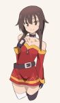  1girl asymmetrical_legwear belt black_belt black_choker black_thighhighs brown_hair choker closed_mouth commentary cowboy_shot cropped_legs dress hand_on_own_chest kono_subarashii_sekai_ni_shukufuku_wo! long_sleeves looking_at_viewer megumin mismatched_legwear no_headwear noyama_takenoko off-shoulder_dress off_shoulder red_dress red_eyes short_dress short_hair_with_long_locks simple_background smile solo standing thighhighs white_background white_thighhighs 