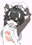  1girl absurdres ahoge animal_ear_fluff animal_ears arms_up black_hair cat_ears cat_girl closed_eyes fangs furry furry_female highres open_mouth original shirt short_hair short_sleeves simple_background sketch solo stretching t-shirt tears tsukiya_(rajx3523) whiskers white_shirt yawning 