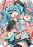  1girl between_fingers black_skirt black_thighhighs blue_eyes blue_hair breast_pocket detached_sleeves eyelashes feet_out_of_frame fingernails food grey_shirt hair_between_eyes hatsune_miku highres himukai_aoi holding holding_food long_sleeves looking_at_viewer lying macaron on_back open_mouth pocket red_ribbon ribbon shirt skirt solo thighhighs twintails vocaloid zettai_ryouiki 