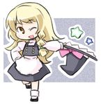  apron blonde_hair bow braid brown_eyes chibi hand_on_hip hat hat_bow hat_removed hat_tip headwear_removed kirisame_marisa kugelschreiber looking_at_viewer one_eye_closed open_mouth solo star touhou waist_apron witch_hat 