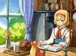  alice_margatroid blonde_hair blue_eyes book capelet cup curtains desk doll dress hairband hourai_doll indoors lamp open_book photo_(object) picture_(object) plate reading room shelf shibasaki_shouji short_hair smile solo table teapot touhou tray window 