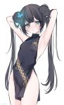  1girl absurdres acedia armpits black_dress black_hair blue_archive blush breasts butterfly_hair_ornament closed_mouth covered_navel cowboy_shot double_bun dress grey_background grey_eyes hair_bun hair_ornament highres kisaki_(blue_archive) long_hair looking_at_viewer no_halo simple_background sleeveless sleeveless_dress small_breasts solo twintails twitter_username 