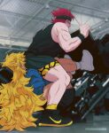 2boys alternate_costume bara blush calf eustass_kid face_in_ass from_side full_body gym highres killer_(one_piece) leg_press_machine long_hair male_focus meme multiple_boys muscular muscular_male nike_(company) one_piece percivore photo_background profile red_hair short_hair shy sitting_on_face sweat the_world_needs_more_heroes_(meme) very_long_hair yaoi 