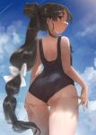  1girl ass black_hair blue_one-piece_swimsuit blue_sky blush brown_eyes cloud cloudy_sky hair_tie high_ponytail highres kantai_collection long_hair looking_at_viewer looking_back multi-tied_hair nisshin_(kancolle) one-piece_swimsuit outdoors ribbon school_swimsuit short_eyebrows sky solo swimsuit swimsuit_under_clothes thick_eyebrows toka_(marchlizard) very_long_hair wet wet_clothes wet_swimsuit 