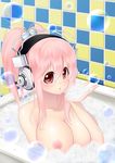  :o alternate_hairstyle antenna_hair bangs bath bathing bathtub blush breast_press breasts bubble bubble_bath bubble_blowing checkered checkered_wall hair_between_eyes hair_bobbles hair_ornament hair_up headphones high_ponytail indoors kai_(link2262) large_breasts long_hair looking_at_viewer nipples nitroplus nude open_mouth pink_hair ponytail red_eyes sidelocks sitting soap_bubbles solo super_sonico upper_body wet 