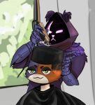 alternate_hairstyle anthro barber bear domestic_cat duo electric_hair_clipper epic_games felid feline felis female fortnite haircut hairstyle_change half-closed_eyes hand_on_head hi-top_fade hi_res holding_object lissa_ink low_taper_fade_(meme) mammal meow_skulls_(fortnite) narrowed_eyes raven_team_leader