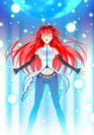  :o absurdres aozaki_aoko breasts closed_eyes denim fingerless_gloves full_moon gloves hair_intakes highres jeans large_breasts light_particles long_hair magic mahou_tsukai_no_yoru midriff moon navel pants red_hair solo walhalla 