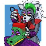 alternate_hairstyle animatronic anthro barber canid canine canis crocodile crocodilian crocodylid duo ear_piercing ear_ring electric_hair_clipper female five_nights_at_freddy&#039;s five_nights_at_freddy&#039;s:_security_breach haircut hairstyle_change half-closed_eyes hand_on_head hi-top_fade hi_res holding_object lipstick low_taper_fade_(meme) machine makeup male mammal montgomery_gator_(fnaf) narrowed_eyes piercing reptile ring_piercing robot rodentgame roxanne_wolf_(fnaf) scalie scottgames steel_wool_studios wolf