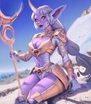  1girl alternate_costume arm_support armor breasts brown_eyes cleavage cleavage_cutout clothing_cutout colored_skin grey_hair groin holding holding_staff horns large_breasts league_of_legends long_hair navel outdoors pink_skin pointy_ears single_horn sitting smile solo soraka_(league_of_legends) staff stomach_cutout vatheja 