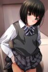  1girl absurdres black_hair black_skirt black_sweater_vest blue_bow blue_bowtie blurry blurry_background blush bob_cut bow bowtie breasts brown_eyes closed_mouth clothes_lift collared_shirt commentary cowboy_shot diagonal-striped_bow diagonal-striped_bowtie diagonal-striped_clothes dress_shirt hands_on_own_hips head_tilt highres lifted_by_self long_sleeves loose_hair_strand matsunaga_kouyou messy_hair nose_blush original plaid plaid_skirt raised_eyebrows shirt short_hair skirt skirt_lift small_breasts solo standing striped_clothes sweater_vest two-tone_bowtie white_bow white_bowtie white_shirt 