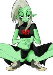alien alien_humanoid bottomwear breasts clothed clothing crouching disney eyebrows female fingers footwear freckles green_body green_skin hair half-closed_eyes humanoid humanoid_pointy_ears long_hair looking_at_viewer lord_dominator midriff narrowed_eyes noseless not_furry shirt shoes simple_background solo suggestive topwear wander_over_yonder white_background zukicure5gogo