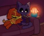 anthro book canid canine canis catnap_(poppy_playtime) chibi dogday_(poppy_playtime) domestic_cat domestic_dog duo felid feline felis floor furniture jewelry lamp male male/male mammal moon necklace poppy_playtime purple_body reading reading_book rsetnyu shy sleeping smiling_critters sofa sun table