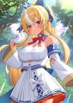  1girl blonde_hair bow breasts detached_sleeves dress forest gloves highres hololive imahuku large_breasts long_hair nature orange_eyes pointy_ears ponytail red_bow shiranui_flare shiranui_flare_(1st_costume) smile virtual_youtuber white_bow white_dress white_gloves 