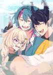  1girl 2boys :d black_hair blonde_hair blue_hair blue_sky blush braid colored_inner_hair commentary crying crying_with_eyes_open earrings enna_alouette fangs glasses hair_ornament hairclip head_wings highres horns hug hug_from_behind jewelry kyo_kaneko long_hair medium_hair multicolored_hair multiple_boys nijisanji nijisanji_en open_mouth pointy_ears potatoyoyo ren_zotto short_hair sky smile streaked_hair symbol-only_commentary tearing_up tears twitter_username virtual_youtuber wings 