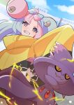  1girl blue_hair blue_sky bow-shaped_hair building character_hair_ornament cloud eyelashes hair_ornament iono_(pokemon) jacket long_hair long_sleeves mismagius mizuiro123 oversized_clothes pink_hair pokemon pokemon_(creature) pokemon_sv sky sleeves_past_fingers sleeves_past_wrists smile teeth wide_sleeves yellow_jacket 