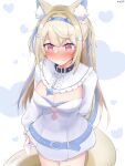  1girl absurdres animal_ear_fluff animal_ears bandaid bandaid_hair_ornament belt belt_collar black_collar blonde_hair blue_belt blue_hair blush breasts cleavage cleavage_cutout clothing_cutout collar dog_ears dog_girl dog_tail dress fuwawa_abyssgard fuwawa_abyssgard_(1st_costume) hair_ornament hairpin highres holding holding_letter hololive hololive_english large_breasts letter long_hair looking_at_viewer love_letter miixxc multicolored_hair pink_eyes short_dress sidelocks smile spiked_collar spikes streaked_hair tail two_side_up virtual_youtuber white_background white_dress 