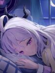  1girl ahoge black_horns blue_archive closed_mouth crescent_moon demon_horns grey_hair halo highres hina_(blue_archive) hina_(pajamas)_(blue_archive) horns indoors long_hair long_sleeves moon multiple_horns pajamas pillow pink_pajamas purple_eyes ryh4 solo window 