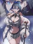  1girl absurdres blue_eyes blue_hair breasts cleavage coat contrapposto cosplay goddess_of_victory:_nikke highres holding holding_microphone hololive hololive_english idol idol_clothes large_breasts looking_at_viewer microphone microphone_stand noise_(classic_diva)_(nikke) noise_(nikke) noise_(nikke)_(cosplay) o22no open_mouth ouro_kronii puffy_coat puffy_sleeves smile solo stage stage_lights standing twisted_torso virtual_youtuber 