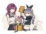  black_gloves eyewear_on_head fingerless_gloves gloves grey_hair hair_between_eyes highres honkai:_star_rail honkai_(series) jacket kafka_(honkai:_star_rail) long_hair long_sleeves ponytail purple_eyes purple_gloves purple_hair rizu033 shirt silver_wolf_(honkai:_star_rail) smile sunglasses 