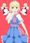  alice_margatroid aqua_eyes bad_id bad_pixiv_id blonde_hair capelet doll dress hairband hand_to_own_mouth jewelry oumi_(rsag) puppet_rings puppet_strings red_background ring sash shanghai_doll solo tongue touhou 
