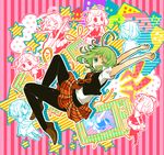  7:24 ahoge arms_up black_legwear glasses green_eyes green_hair grin gumi highres looking_at_viewer necktie one_eye_closed open_mouth pantyhose plaid plaid_skirt school_uniform setsuna_trip_(vocaloid) shoes short_hair skirt smile solo vocaloid 