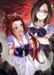  2girls air_groove_(umamusume) animal_ears blue_eyes bow bowtie braid breasts brown_hair crossed_arms french_braid hair_intakes horse_ears horse_girl horseshoe_ornament kawakami_princess_(umamusume) large_breasts long_hair looking_at_another multiple_girls pleated_skirt puffy_short_sleeves puffy_sleeves purple_bow purple_bowtie purple_eyes purple_shirt sailor_collar sailor_shirt school_uniform shaded_face shirt short_hair short_sleeves signature skirt tracen_school_uniform umamusume white_skirt youmou_usagi 