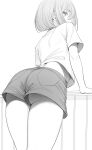  1girl absurdres ass ass_focus cowboy_shot from_behind greyscale hair_between_eyes highres leaning_forward legs_together looking_at_viewer looking_back median_furrow medium_hair midriff monochrome nyatabe original profile shirt short_sleeves shorts sidelocks sideways_glance solo thick_thighs thighs 