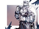  1boy abs animal_ears arknights artist_request bara bare_pectorals furry furry_male inset_border large_hands large_pectorals male_focus mountain_(arknights) muscular muscular_male nipples pectorals scar scar_across_eye short_hair smile solo standing thick_eyebrows tiger_boy tiger_ears 