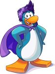 absurd_res alpha_channel anthro avian bird blue_body club_penguin full-length_portrait hair hands_on_hips hi_res looking_at_viewer male official_art open_mouth penguin portrait purple_cape purple_hair short_hair simple_background solo transparent_background unknown_artist upper_teeth_only