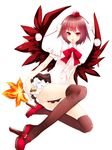  bad_id bad_pixiv_id black_legwear brown_hair fan geta hat hauchiwa highres looking_at_viewer red_eyes shameimaru_aya short_hair simple_background skirt solo tengu-geta thighhighs tokin_hat touhou white_background wings yutazou 