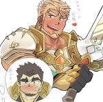  2boys armor bara beard black_hair blonde_hair blush crave_saga dark-skinned_male dark_skin excalibur_(crave_saga) eyebrow_cut facial_hair forked_eyebrows goatee highres holding holding_sword holding_weapon jewelry kaeru333938123 looking_at_another male_focus mature_male multiple_boys muscular muscular_male open_mouth protagonist_(crave_saga) short_hair sword thick_eyebrows translation_request weapon yaoi 