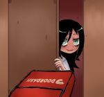  1girl black_hair blush box door doorway food_delivery_box full-face_blush green_eyes kuroki_tomoko long_hair peeking_out pov sextarantula9 solo sweat watashi_ga_motenai_no_wa_dou_kangaetemo_omaera_ga_warui! 