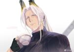  1boy arknights beard cup facial_hair fingerless_gloves from_below full_beard gloves haiki_(tegusu) long_hair male_focus mature_male portrait solo sweater teacup thick_eyebrows white_hair 