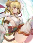  1girl :&lt; andira_(granblue_fantasy) animal_ear_piercing animal_ears back_bow blonde_hair blush bow collarbone detached_sleeves erune fur-trimmed_sleeves fur_trim granblue_fantasy highres holding holding_staff long_sleeves marulire monkey_ears monkey_tail short_hair sideless_outfit sidelocks solo staff tail thighhighs white_sleeves white_thighhighs yellow_eyes 