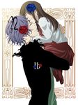  1girl 352623 bad_id bad_pixiv_id blue_flower blue_rose brown_hair closed_eyes flower garry_(ib) hair_flower hair_ornament hug ib ib_(ib) jacket long_hair purple_hair red_flower red_rose rose short_hair skirt smile 