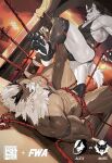  2boys abs animal_ears ass bara bare_pectorals beard black_sclera black_tank_top bulge colored_sclera erection erection_under_clothes facial_hair feet_out_of_frame from_below full_beard furry furry_male furry_with_furry grey_fur highres huge_eyebrows large_pectorals male_focus mature_male multiple_boys muscular muscular_male navel neck_fur nipples original pectorals short_hair tail tank_top thick_beard thick_thighs thighs tooboshoo two-tone_fur wolf_boy wolf_ears wolf_tail wrestling wrestling_ring yaoi 