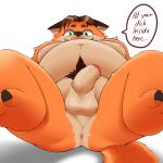 absurd_res anus balls belly black_nails brown_hair butt canid canine colored_nails dialogue disney english_text feet fox fur genitals gideon_grey hair hi_res loppo_reventa male mammal nails nipples orange_body orange_fur penis pupils requesting_sex small_pupils smile solo text zootopia