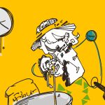  1girl 3ma_can_omochi blouse broken clock cooking egg english_text eyeball frilled_sleeves frills hat highres komeiji_koishi limited_palette ribbon shirt short_hair solo touhou triangle yellow_background 
