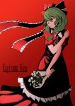  1girl absurdres bow character_name dress flower frilled_bow frilled_dress frilled_ribbon frills front_ponytail green_hair hair_bow hair_ribbon highres holding holding_flower kagiyama_hina red_background red_bow red_dress red_ribbon red_theme ribbon solo touhou weedhollow_(dokuran) 