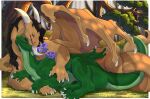 ambiguous_gender anora_drakon black_mane blush claws cuddling dragon duo feral flower grass green_body green_scales hi_res horn leaf male mane plant quirc scales scalie scaly_tail tail tan_body tan_scales tree white_claws white_horn